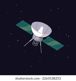Artificial satellite flight in outer space, cosmos, among stars. NASA technology with telecommunication dish, radars, solar panels for broadcasting, transmitting signal. Flat vector illustration