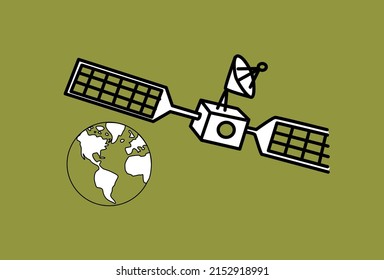 Satélite artificial flotando en el espacio con el planeta tierra en el fondo. Ilustración vectorial de estilo de línea básica de dibujos animados.