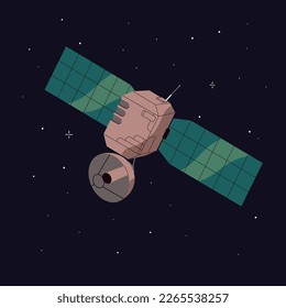 Artificial satellite on orbit in outer space, cosmos. Cosmic technology with antenna, radars, dishes, panels for broadcasting, telecommunication, transmitting radio signal. Flat vector illustration