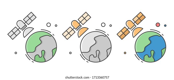 Artificial satellite orbit on planet earth. Icons set in different style. Flat style. Isolated on white background. 