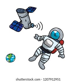 artificial satellite orbiting with astronaut and earth