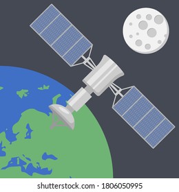Artificial satellite orbiting the planet Earth in outer spaceisolated on white background. Vector illustration. Eps 10.