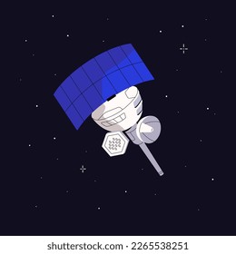 Artificial satellite in outer space, flying in cosmos. Cosmic technology, equipment with radars, dishes, solar panel for broadcasting, telecommunication, transmitting signal. Flat vector illustration