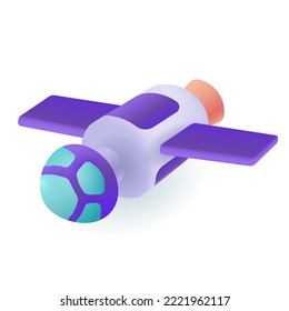 Artificial satellite with purple solar wings 3D icon. Satellite or orbital spacecraft 3D vector illustration on white background. Space, wireless technology, science, communication, connection concept