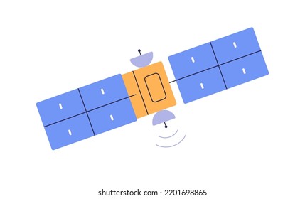 Artificial satellite with radar dishes, antenna, panels. Abstract space station for telecommunication. Cosmos orbital equipment flying in orbit. Flat vector illustration isolated on white background