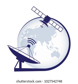 Artificial satellite. Telecommunication satellite on the earth geostationary in space and satellite antenna. Stock vector. Vector illustration EPS10.