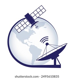 Artificial satellite. Telecommunication satellite on the earth geostationary in space and satellite antenna.  Vector illustration for your design. EPS10.