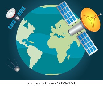 Artificial satellites fly around planet and monitor state of ecology, population and nature. Satellite antennas in space sending signals to Earth. Space objects are charged with solar panels