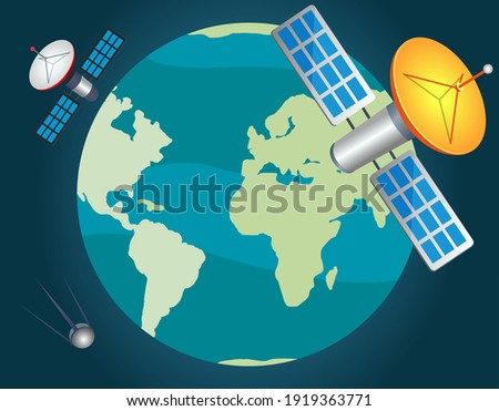 Artificial satellites fly around planet and monitor state of ecology, population and nature. Satellite antennas in space sending signals to Earth. Space objects are charged with solar panels