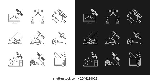 Lineare Symbole für künstliche Satelliten im Dunkel- und Lichtmodus. Satellitenortungssystem Anpassbare Thin-Line-Symbole. Einzige Vektorgrafik-Rahmenillustrationen. Bearbeitbarer Hub