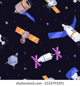 Artificial satellites on endless background of cosmos. International cosmic stations with solar panels in outer space. Repeatable pattern of spacecrafts, shuttles. Flat seamless vector illustration