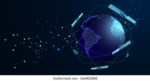 Artificial satellites orbiting the planet Earth in outer space isolated on dark blue background. Communication, navigation concept. Low poly wireframe style. Vector