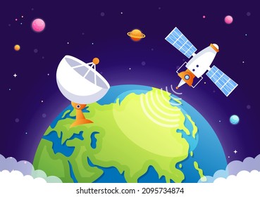Artificial Satellites Orbiting the Planet Earth with Wireless Technology Global 5G Internet Network Satellite Communication in Flat Background Illustration