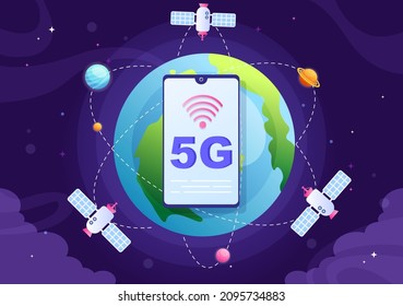 Artificial Satellites Orbiting the Planet Earth with Wireless Technology Global 5G Internet Network Satellite Communication in Flat Background Illustration