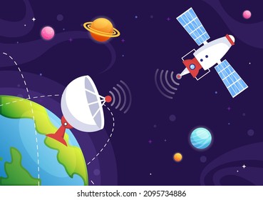 Artificial Satellites Orbiting the Planet Earth with Wireless Technology Global 5G Internet Network Satellite Communication in Flat Background Illustration