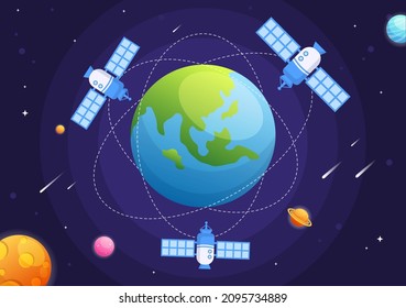 Artificial Satellites Orbiting the Planet Earth with Wireless Technology Global 5G Internet Network Satellite Communication in Flat Background Illustration