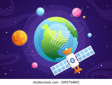 Artificial Satellites Orbiting the Planet Earth with Wireless Technology Global 5G Internet Network Satellite Communication in Flat Background Illustration