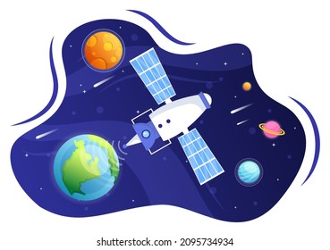 Artificial Satellites Orbiting the Planet Earth with Wireless Technology Global 5G Internet Network Satellite Communication in Flat Background Illustration