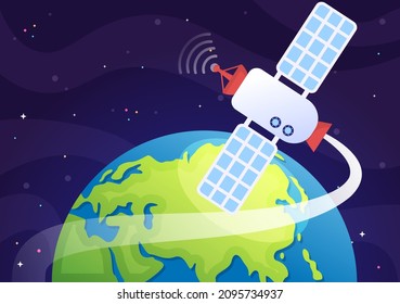 Artificial Satellites Orbiting the Planet Earth with Wireless Technology Global 5G Internet Network Satellite Communication in Flat Background Illustration