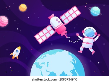 Satélites artificiales que orbitan el planeta Tierra con tecnología inalámbrica Comunicación en red global 5G y astronauta en fondo plano Ilustración