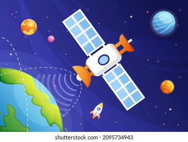 Artificial Satellites Orbiting the Planet Earth with Wireless Technology Global 5G Internet Network Satellite Communication in Flat Background Illustration