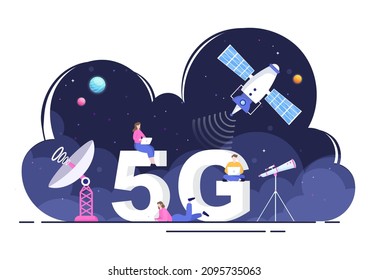 Künstliche Satelliten, die den Planeten Erde mit der weltweiten Satellitenkommunikation des 5G-Weltnetzes der drahtlosen Technologie umkreisen, in flachen Hintergrundbildern