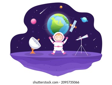 Artificial Satellites Orbiting the Planet Earth with Wireless Technology Global 5G Internet Network Communication and Astronaut in Flat Background Illustration