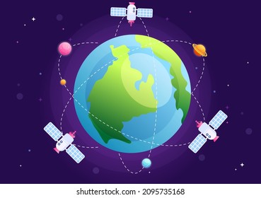 Artificial Satellites Orbiting the Planet Earth with Wireless Technology Global 5G Internet Network Satellite Communication in Flat Background Illustration