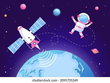 Artificial Satellites Orbiting the Planet Earth with Wireless Technology Global 5G Internet Network Communication and Astronaut in Flat Background Illustration