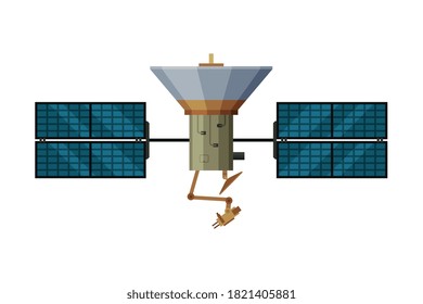 Artificial Space Satellite, Cosmos Exploration, Space Technology Theme Flat Vector Illustration on White Background