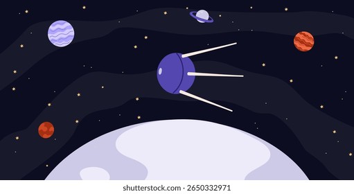 Artificial space satellite flies in open space around planet. Earth orbit among stars and planets. Soviet Sputnik flight. Cosmos exploration spaceship shuttle. Vector