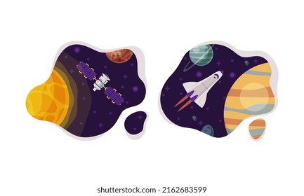 Satélite espacial artificial y cohete. Ilustración vectorial de la exploración de la industria espacial