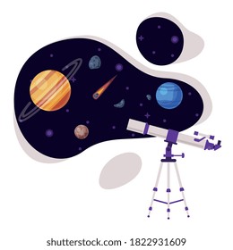 Artificial Space Satellite and Solar System Planets, Space Industry Exploration Concept Themed Vector Illustration Background