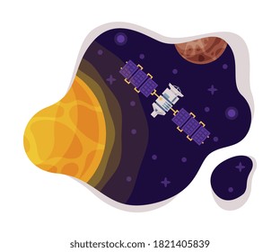 Artificial Space Satellite and Sun Scene, Space Industry Exploration Concept Themed Vector Illustration Background