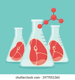 Artificial synthetic meat grown in glassware in a chemical laboratory. Scientist meat in a science laboratory, scientific development of nutrition. Vector illustration.