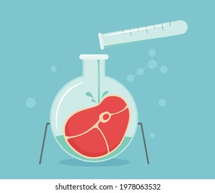 Artificial synthetic meat grown in glassware in a chemical laboratory. Scientist meat in science laboratory, scientific development of nutrition. Vector illustration.