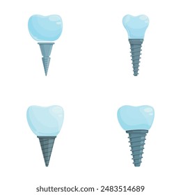 Conjunto de iconos de dientes artificiales Vector de dibujos animados. Varios tipos de implantes dentales. Prótesis dental