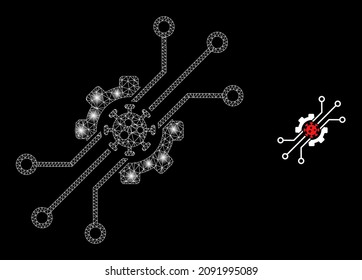 Artificial virus icon and glowing network artificial virus model with glowing light spots. Illuminated constellation is created from artificial virus vector icon and triangle mesh.