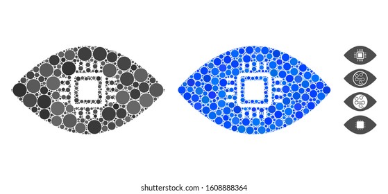 Artificial vision mosaic of round dots in different sizes and color tinges, based on artificial vision icon. Vector dots are united into blue mosaic.