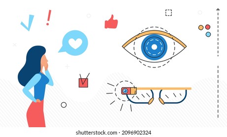 Artificial vision technology and video streaming systems. Businesswoman works in visualization and robotic eyesight, vector illustration