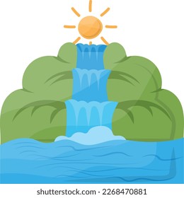 Artificial waterfall concept, sun is rising from behind water  stream vector icon design, Camping and outdoor symbol, extreme sports equipment sign, Wildlife and Expedition elements stock illustration