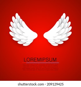 Artificial white paper wings on red background. Vector illustration