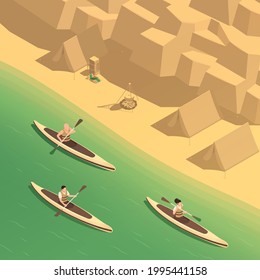 Artificial whitewater park rafting canoeing training recreation sport center isometric composition with downstream paddling kayakers vector illustration