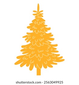 Artificial yellow Christmas tree on white. A sketch for a greeting card, holiday poster or a party invitation. Attributes of Christmas and New Year. Close-up vector illustration in a flat style.