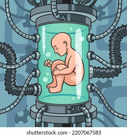 nací artificialmente creado bebé en el laboratorio de ciencia ficción pinup pop art retro ilustración vectorial. La imitación al estilo de un libro de historietas.