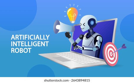 Artificially intelligent robot. customer service tools charts, and data metrics. AI automation, data-driven insights and customer experience. improve customer service. vector illustration.