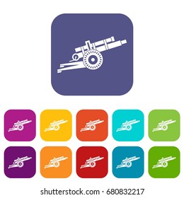 Artillery gun icons set vector illustration in flat style in colors red, blue, green, and other