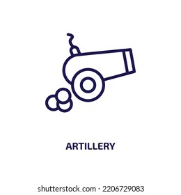 Artillery Icon From Army Collection. Thin Linear Artillery, Gun, Vehicle Outline Icon Isolated On White Background. Line Vector Artillery Sign, Symbol For Web And Mobile