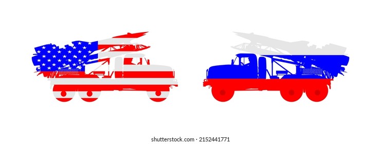 Artillery Launcher Truck Vector Illustration. USA Missile Rocket Carrier With Nuclear Bomb Against Russia Launcher. War Threat. Powerful Army Weapon For Battle. Doomsday Alert. Top Secret To Enemy.