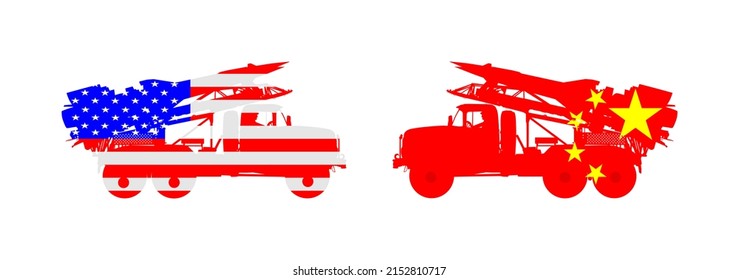 Artillery Launcher Truck Vector Illustration. USA Missile Rocket Carrier With Nuclear Bomb Against China Launcher. War Threat. Powerful Army Weapon For Battle. Doomsday Alert. Top Secret To Enemy.